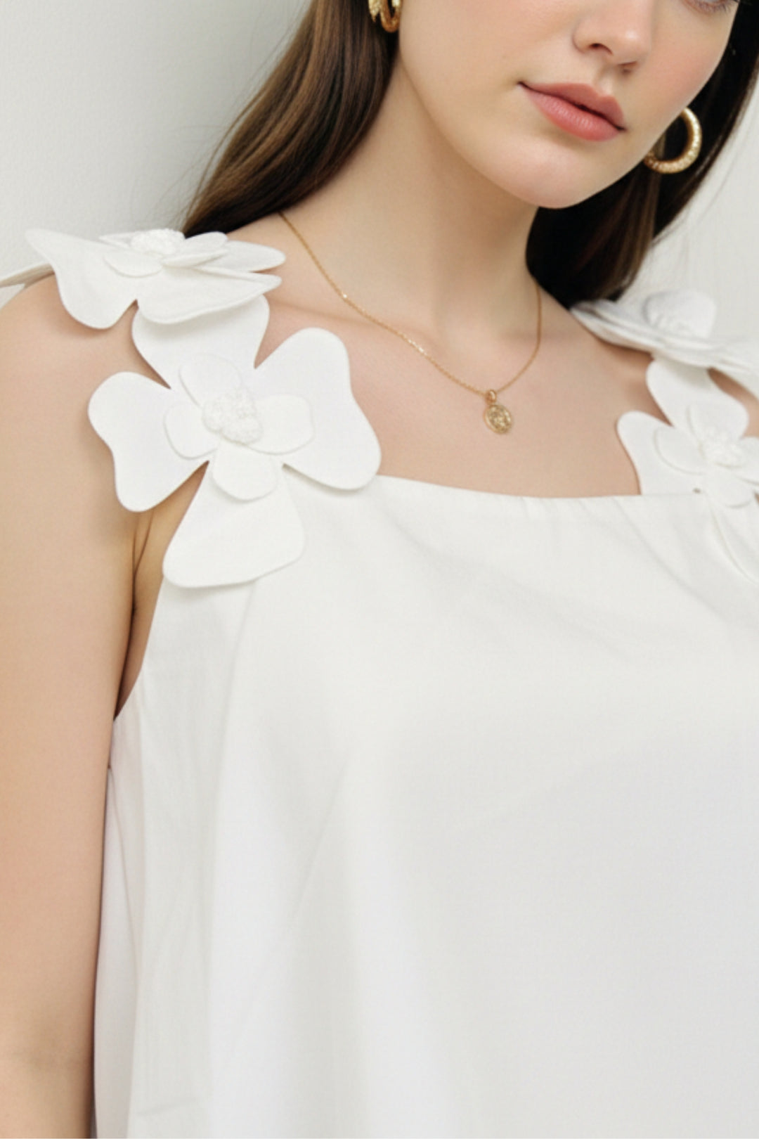 white Floral Bubble-Hem Dress