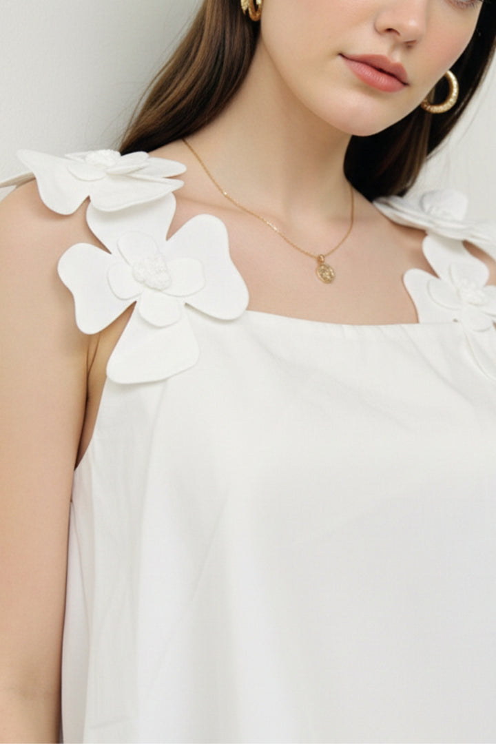 white Floral Bubble-Hem Dress