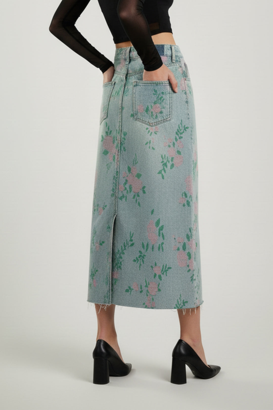 Woven Floral Pattern Denim Skirt