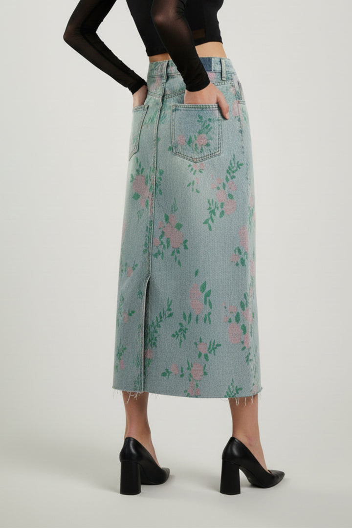 Woven Floral Pattern Denim Skirt