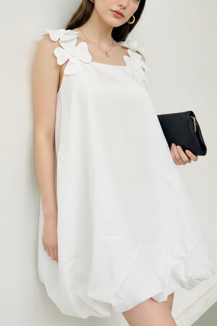 white Floral Bubble-Hem Dress