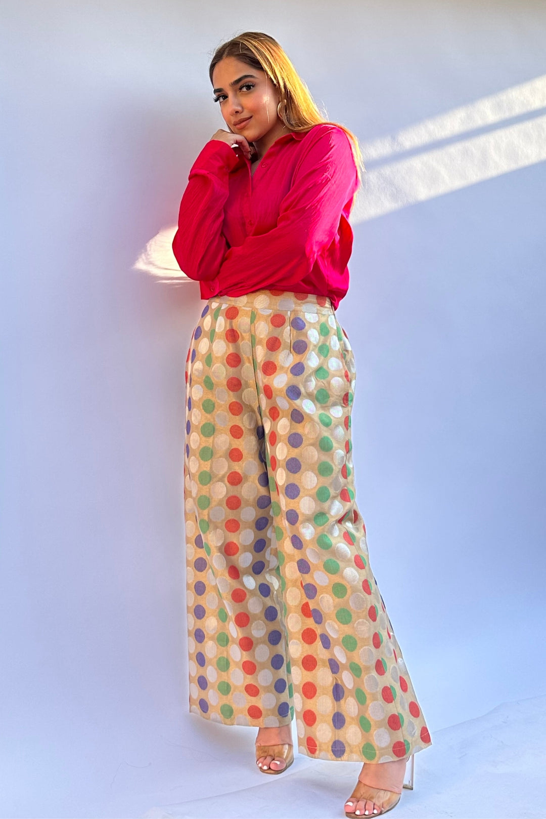 Fuchsia Pink with Polka Printed Brocade Pants
