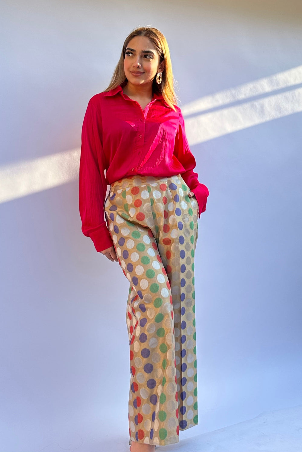 Fuchsia Pink Shirt Paired with Printed Brocade Pants