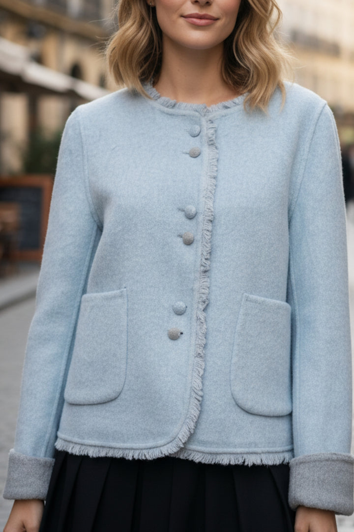 Blue Frayed Double-Sided Cashmere  Blazer