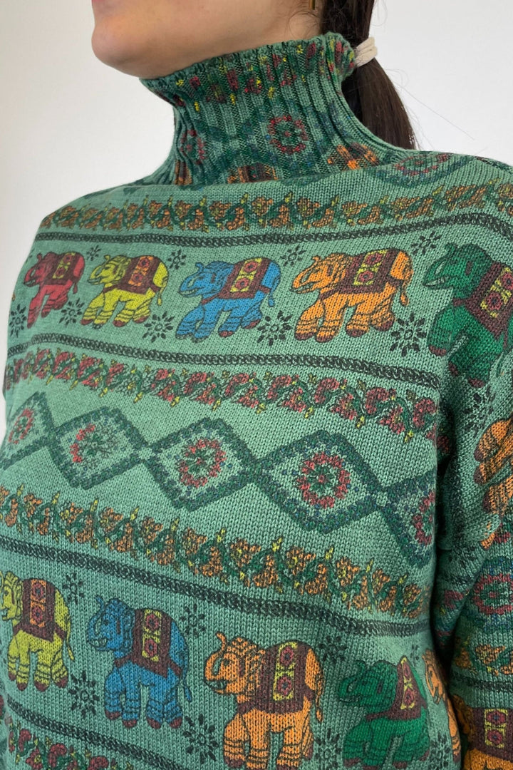 Green Block Print Knitted Sweater