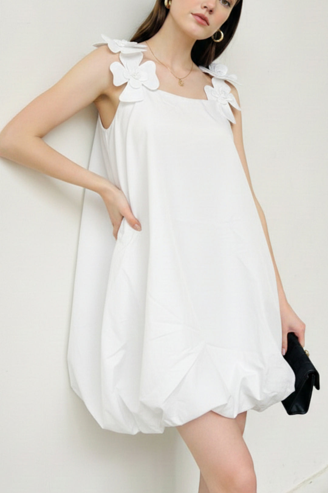 white Floral Bubble-Hem Dress