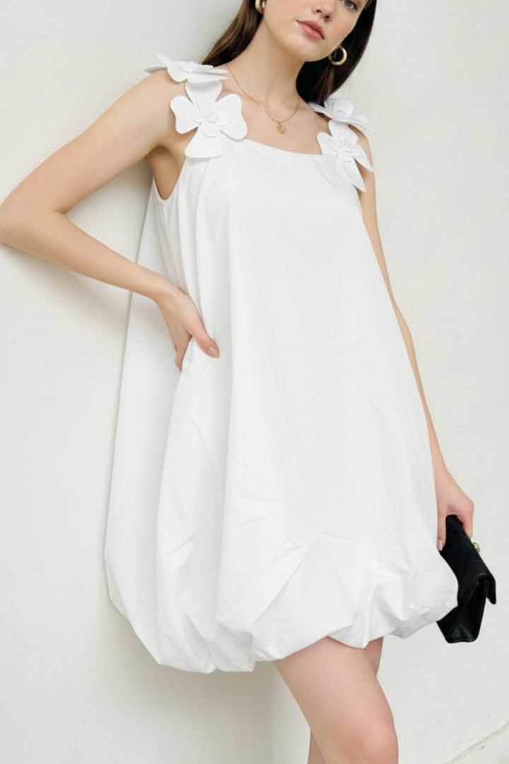 white Floral Bubble-Hem Dress