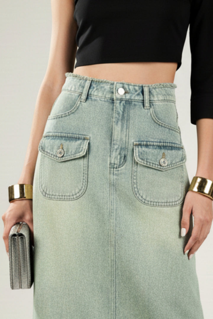 Denim Skirt With Distressed Hem