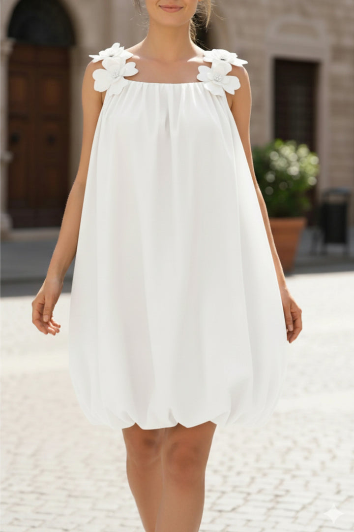 white Floral Bubble-Hem Dress