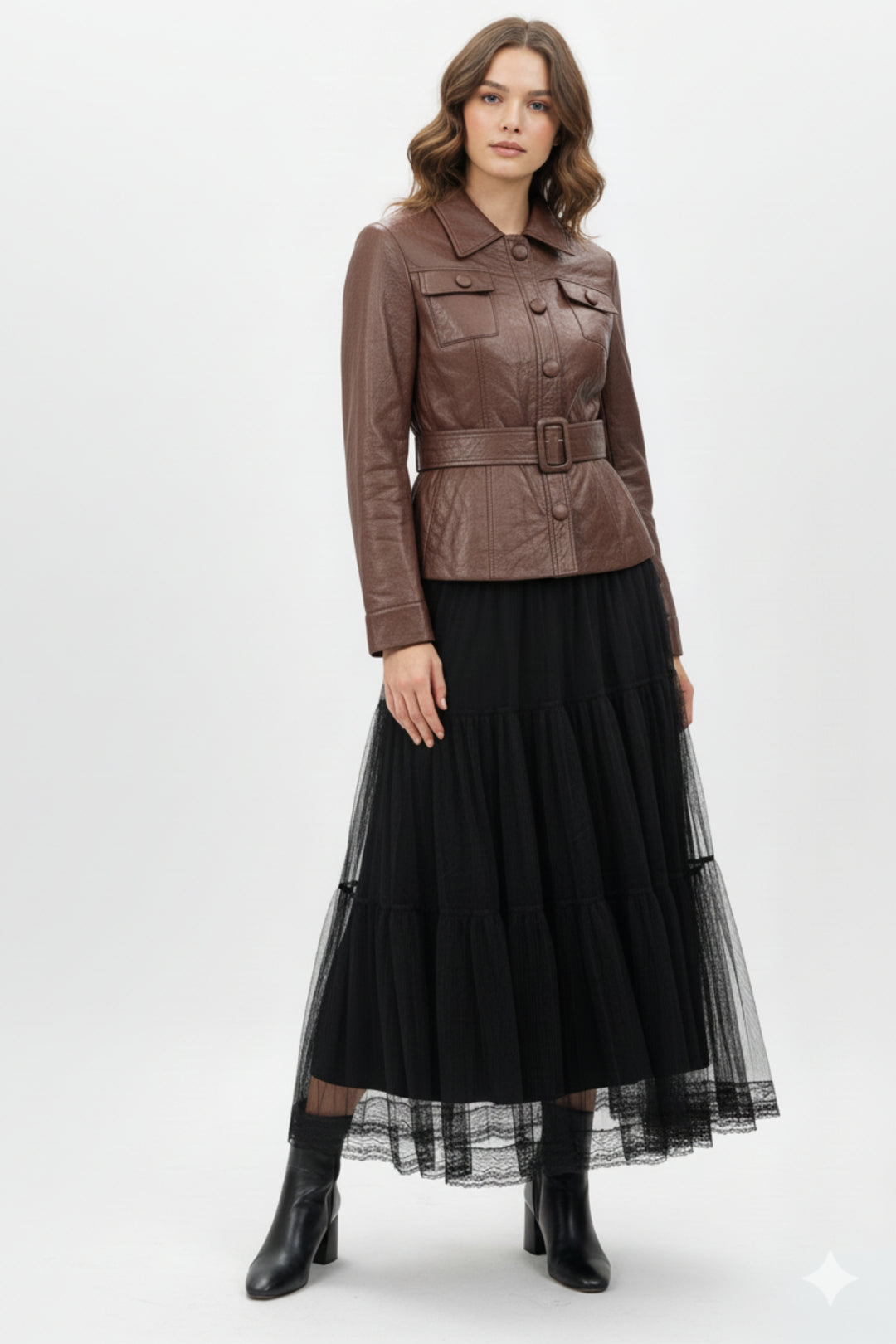 Brown Mist Leather Shirt & Mesh Skirt Co-ord Set