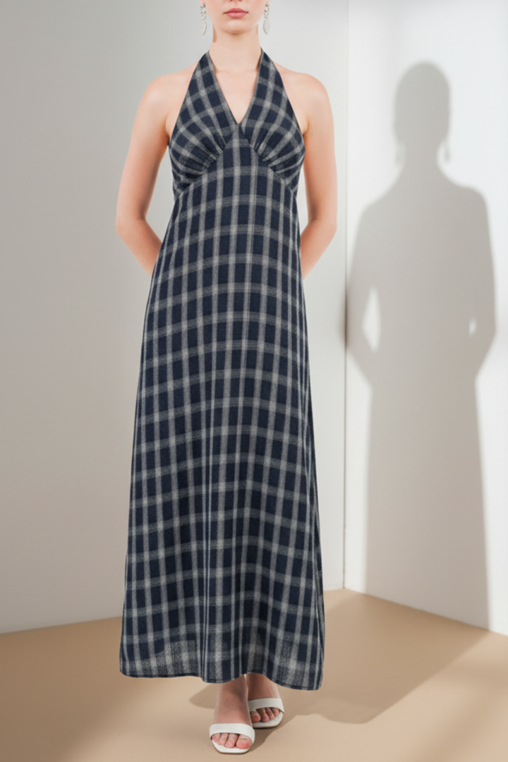 Blue Plaid Tie-Back Maxi Dress