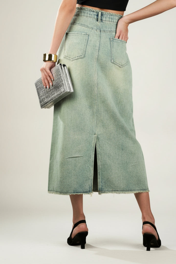 Denim Skirt With Distressed Hem