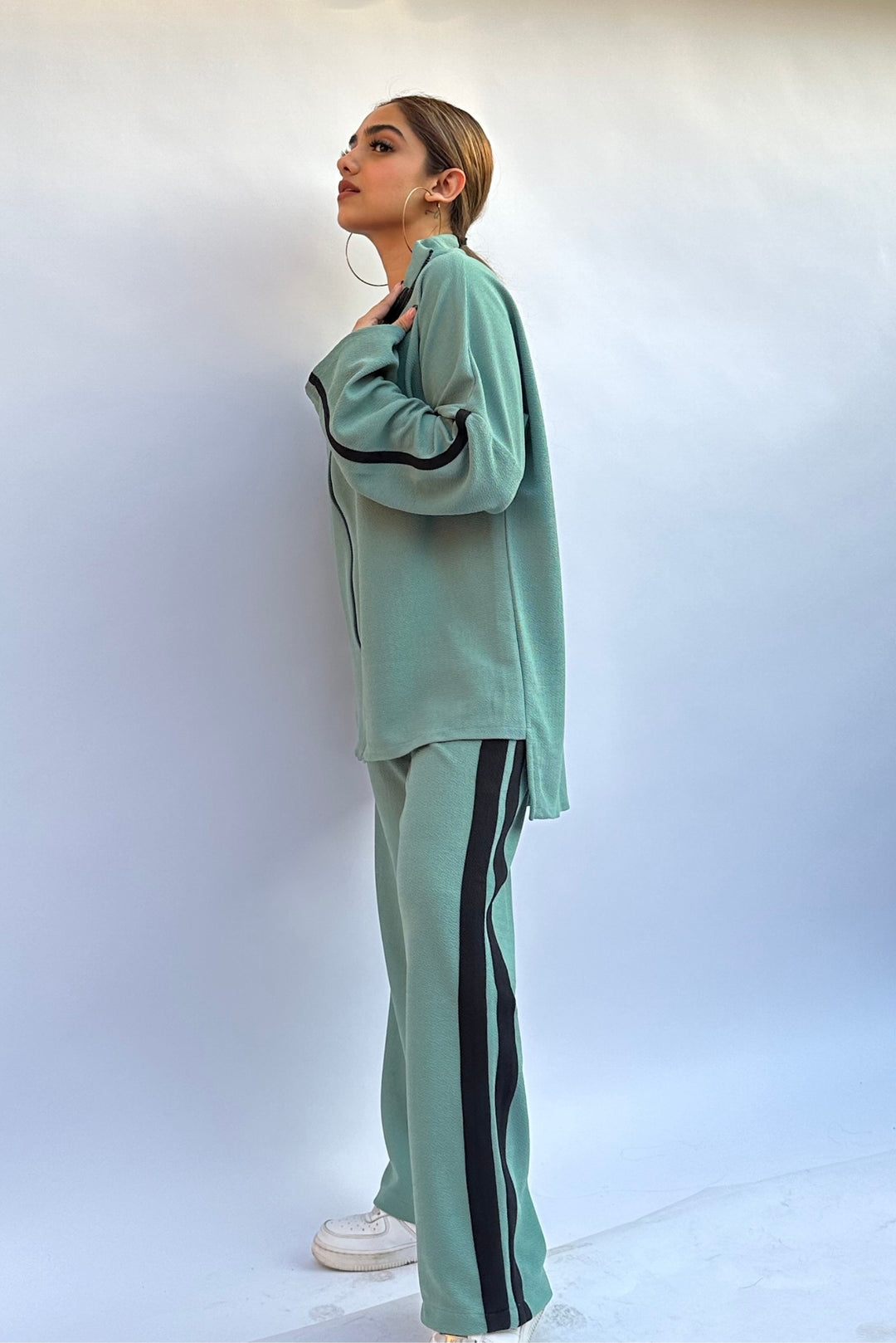 Oversized teal green coord set with side stripe detail