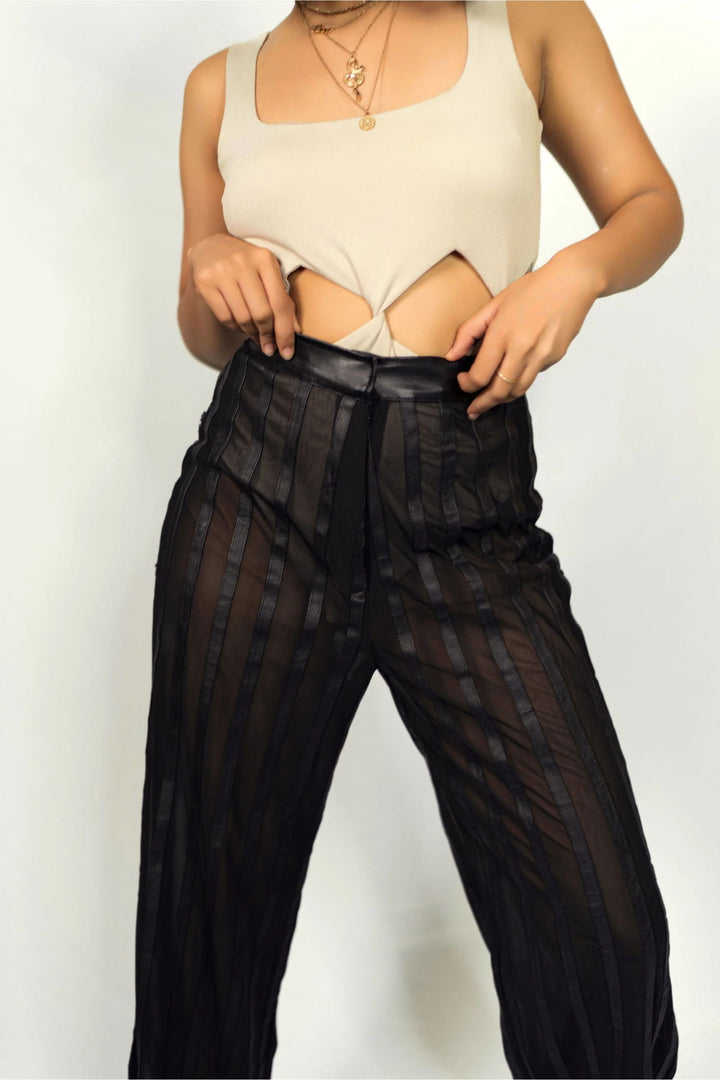 Faux Leather Patched Organza Pant
