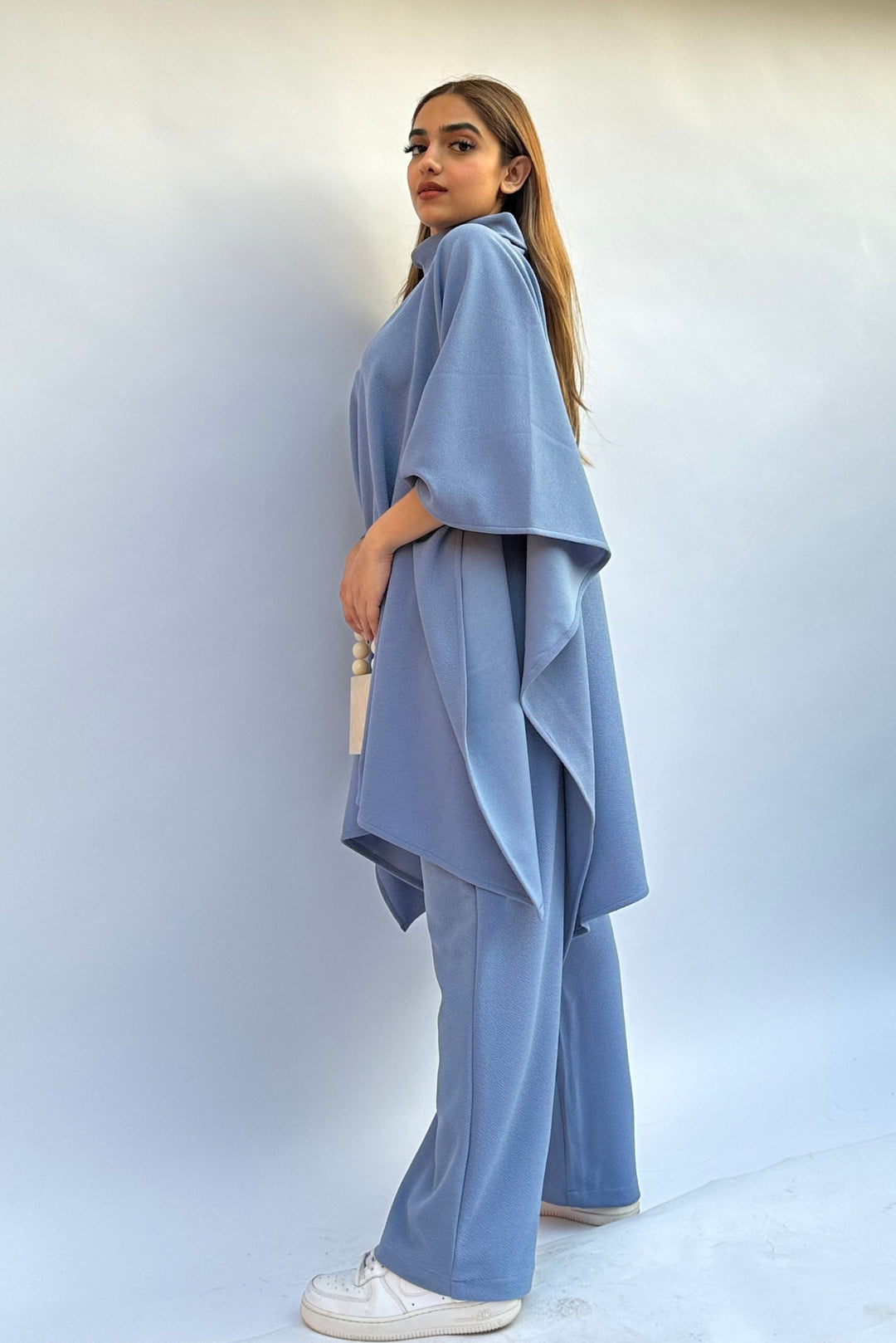 Soft knit pale blue poncho Coord Outfit