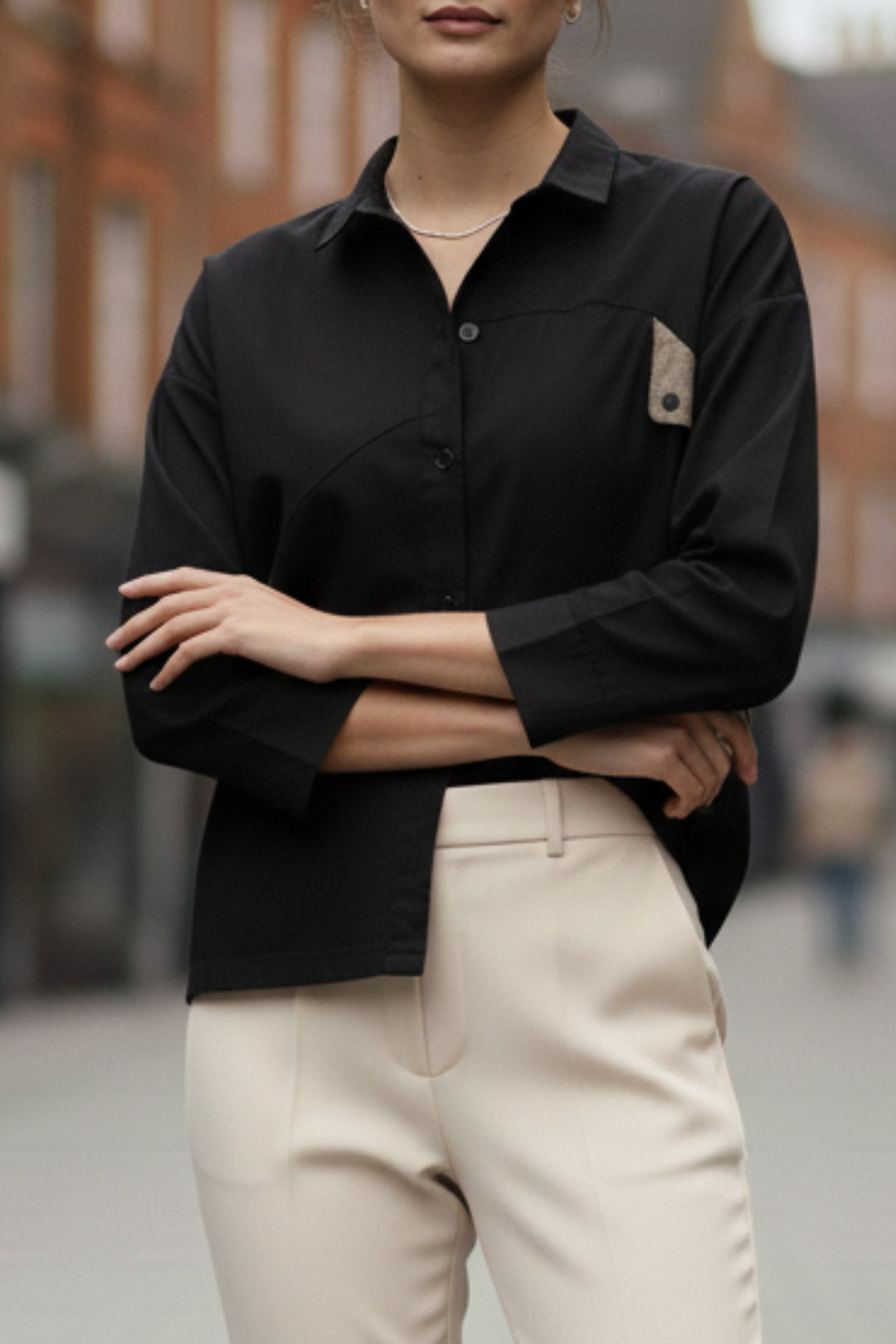 Cotton Black Shirt With Olive Flaps