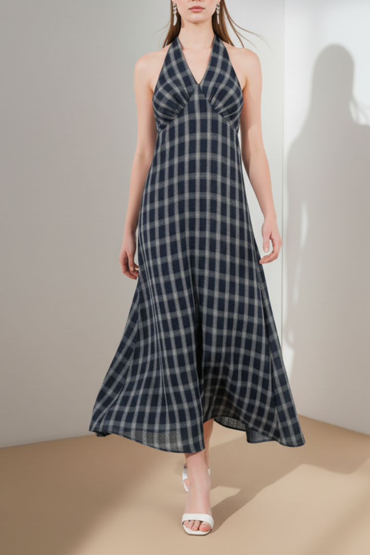 Blue Plaid Tie-Back Maxi Dress