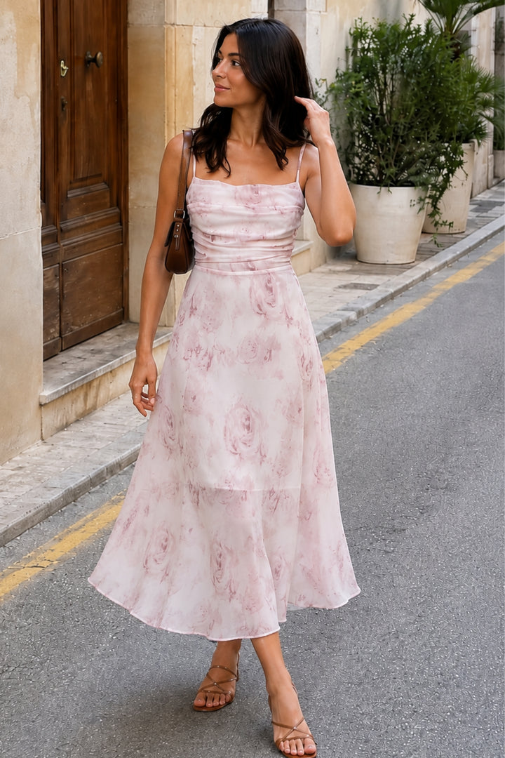 Blush Pink Floral Strappy Midi Dress