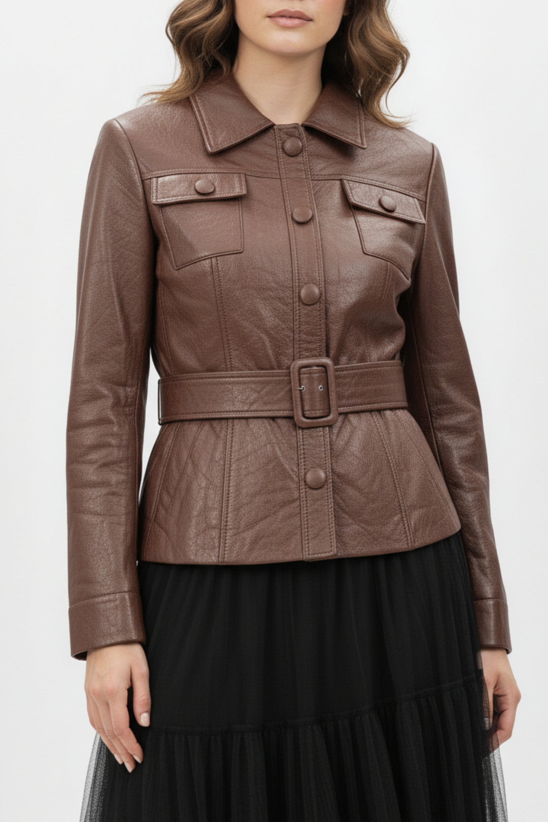 Brown Mist Leather Shirt & Mesh Skirt Co-ord Set