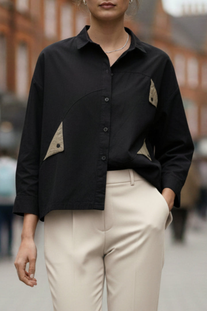 Cotton Black Shirt With Olive Flaps