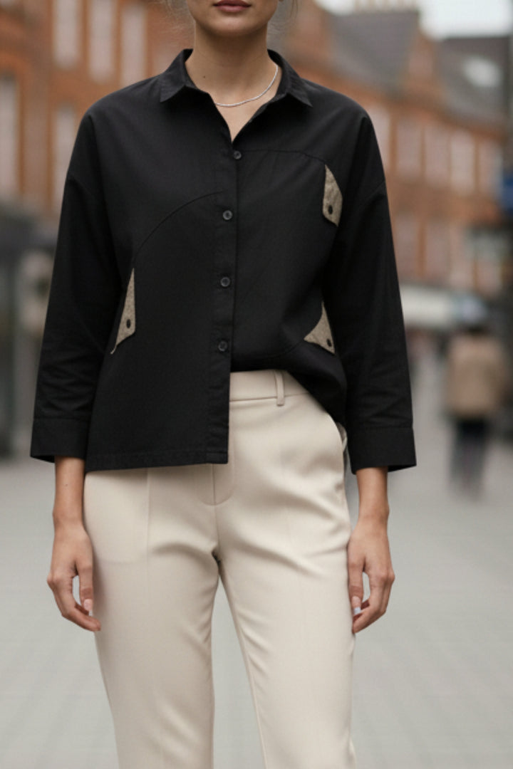 Cotton Black Shirt With Olive Flaps