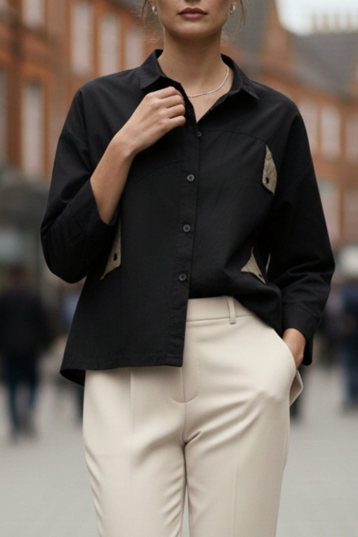 Cotton Black Shirt With Olive Flaps