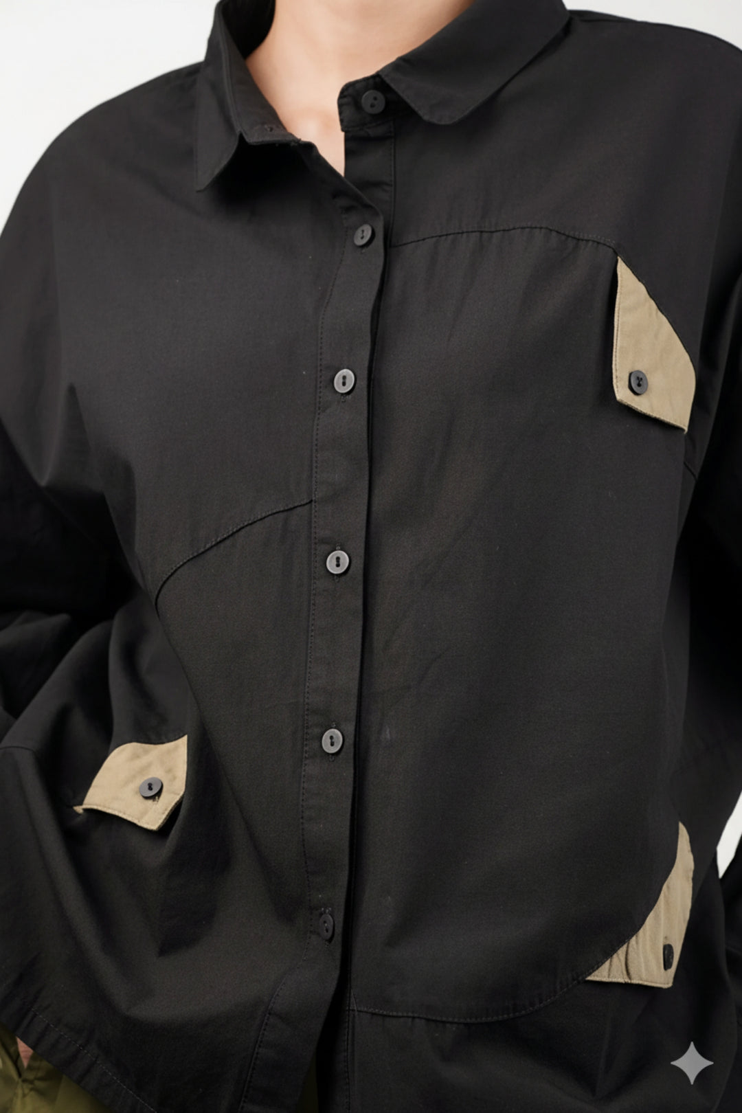 Cotton Black Shirt With Olive Flaps