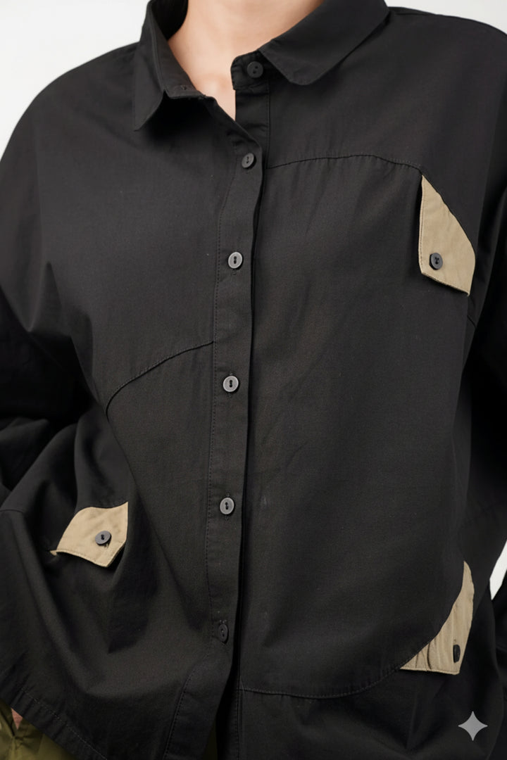 Cotton Black Shirt With Olive Flaps