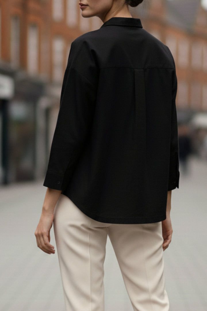 Cotton Black Shirt With Olive Flaps