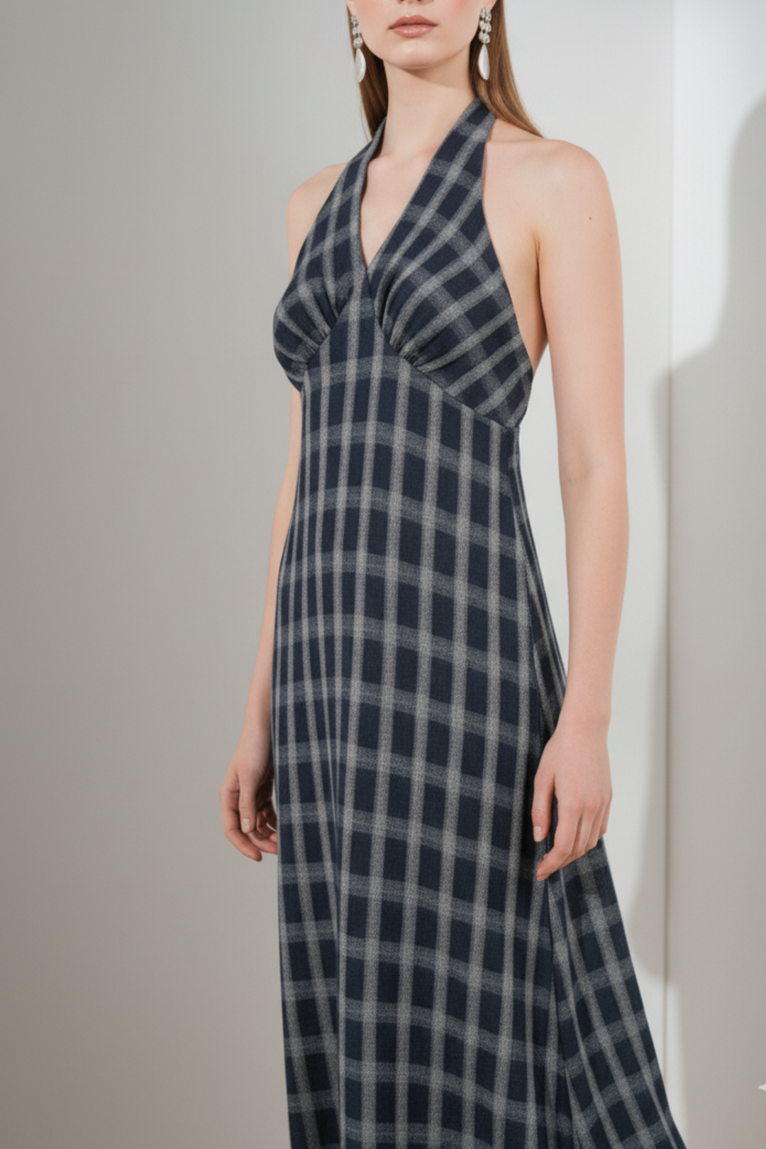 Blue Plaid Tie-Back Maxi Dress