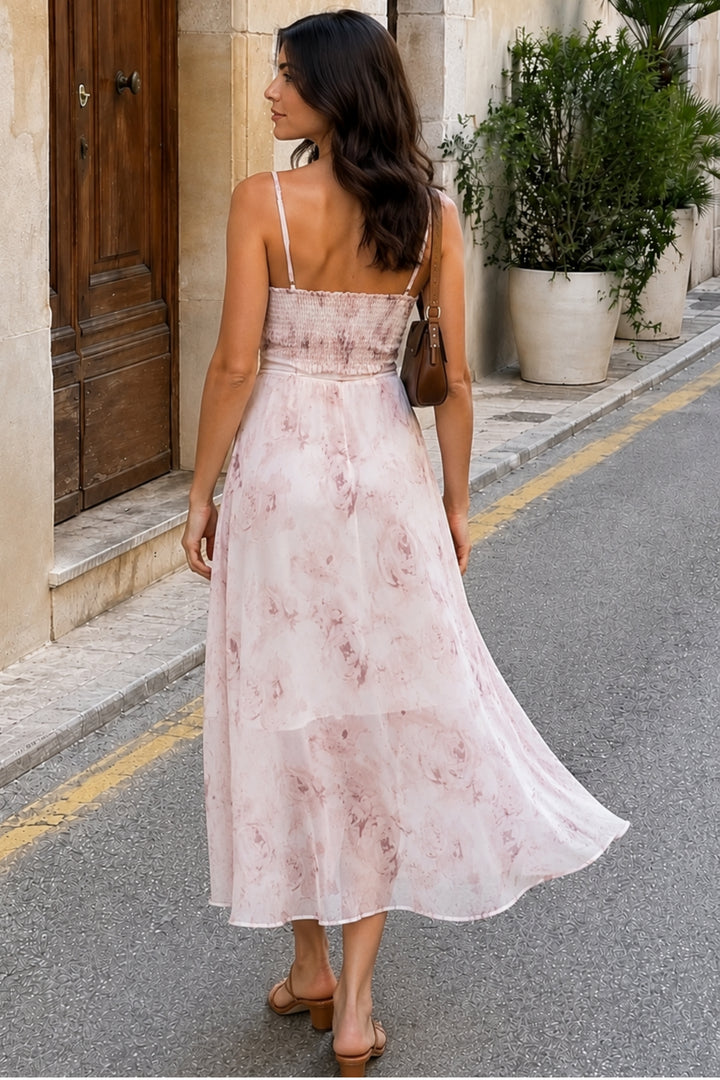 Blush Pink Floral Strappy Midi Dress