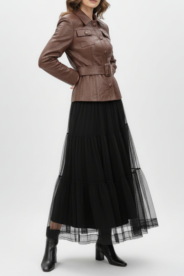 Brown Mist Leather Shirt & Mesh Skirt Co-ord Set