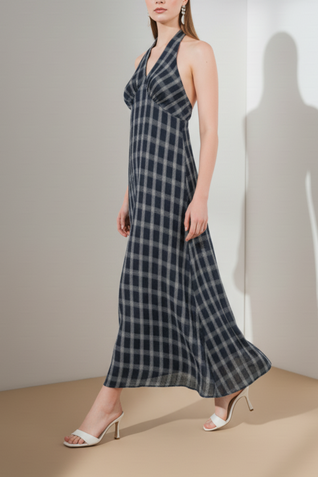 Blue Plaid Tie-Back Maxi Dress