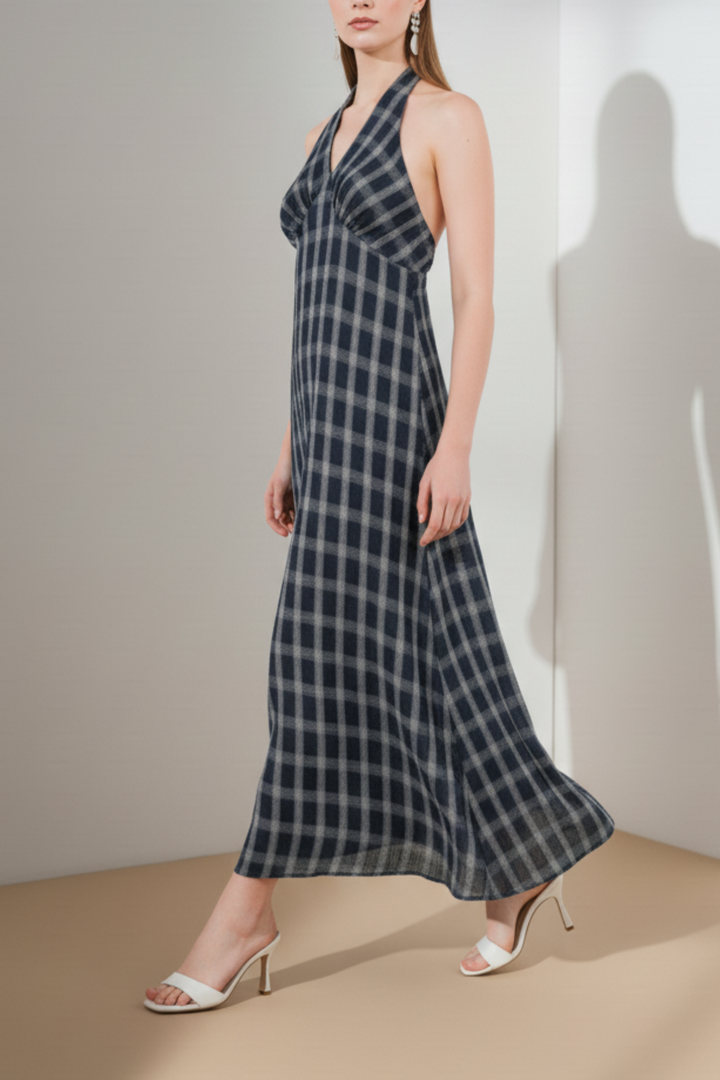 Blue Plaid Tie-Back Maxi Dress