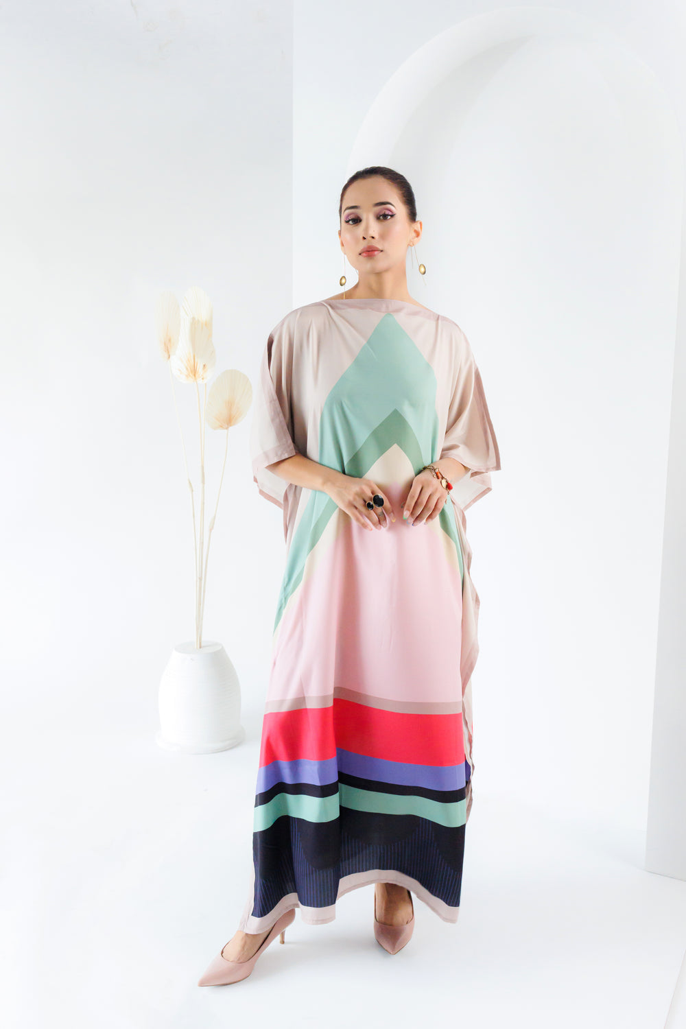Long kaftan dress for women painted in subtle multicolored pastels