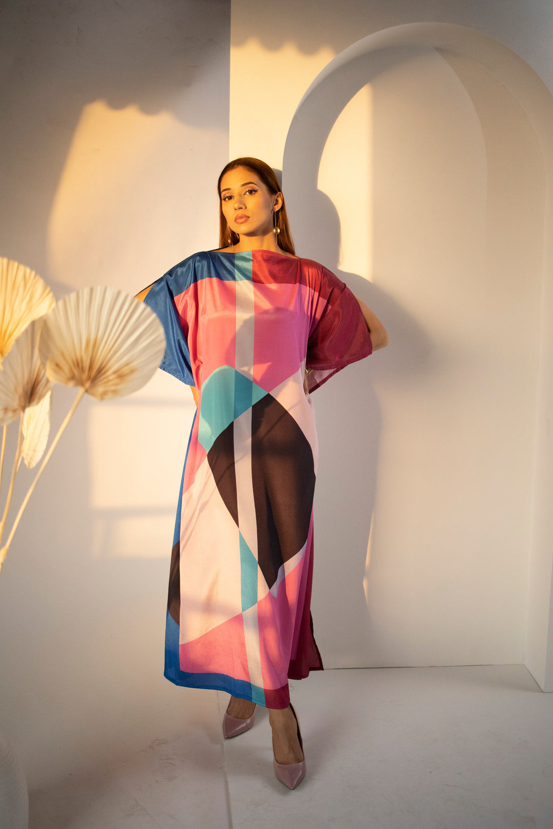 Digitally printed silk crepe kaftan dress