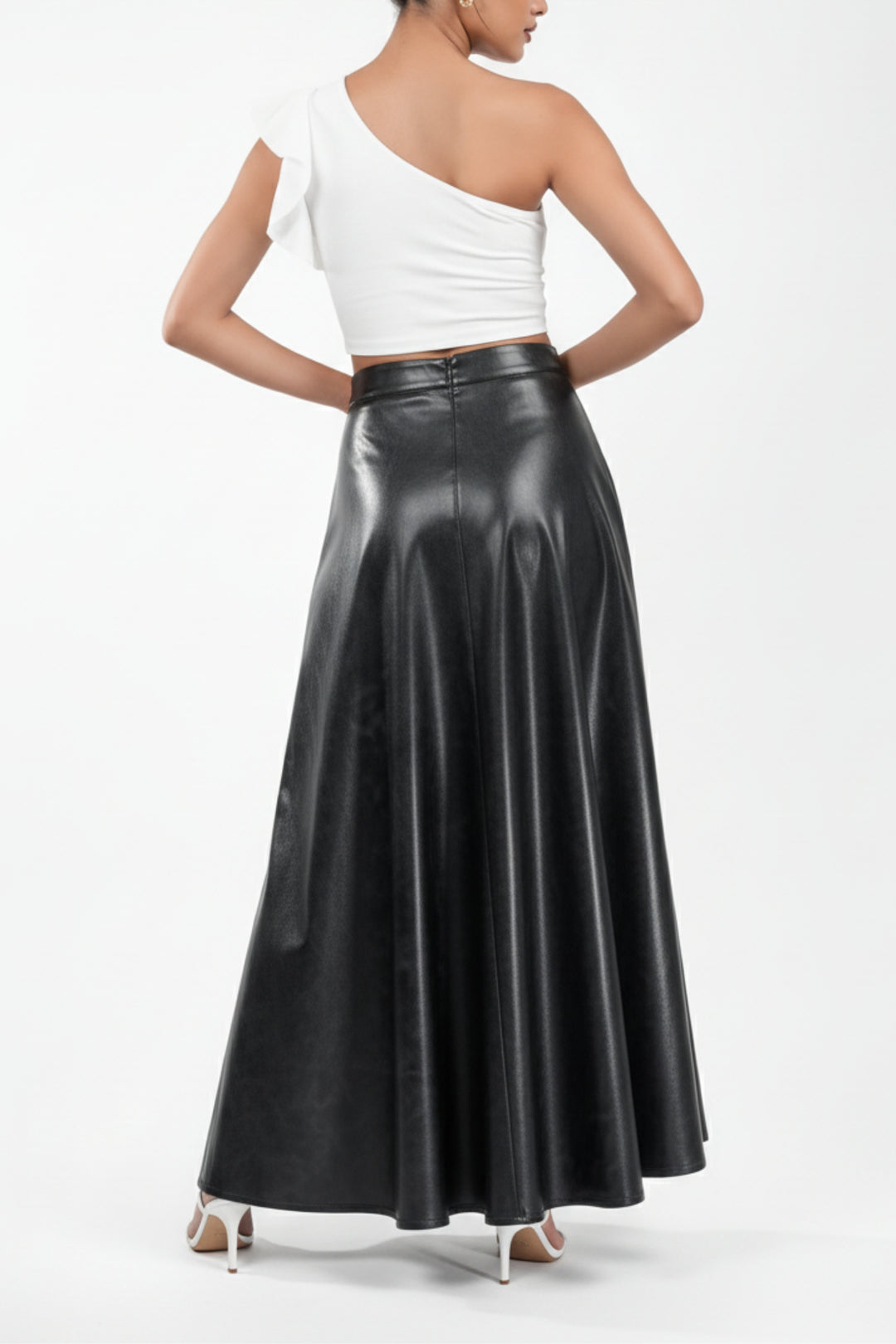 Carbon Black Flared Leather Skirt