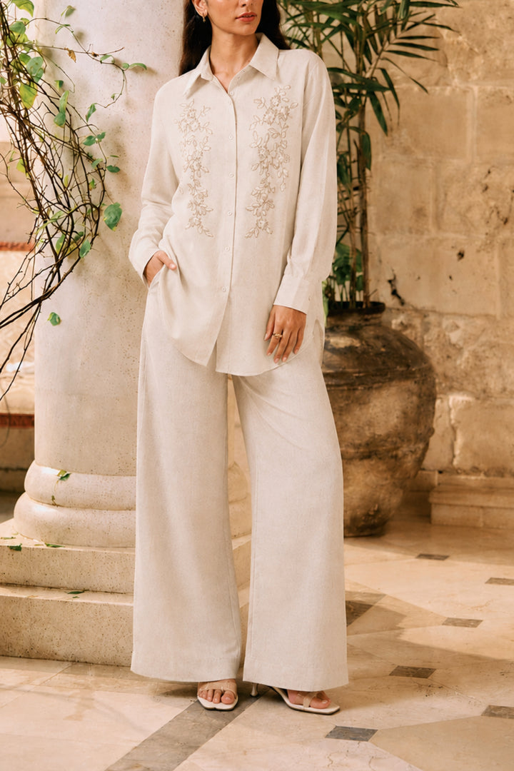 Pale Oak Embroidered Linen Co-ord set