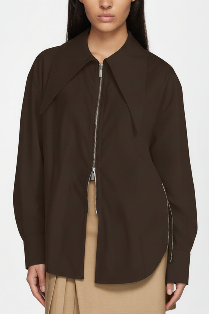 Wide-Lapel Espresso Zip Utility Shirt