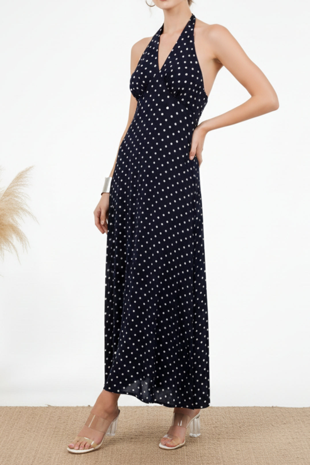 Navy Blue Polka Dot Halter Maxi Dress