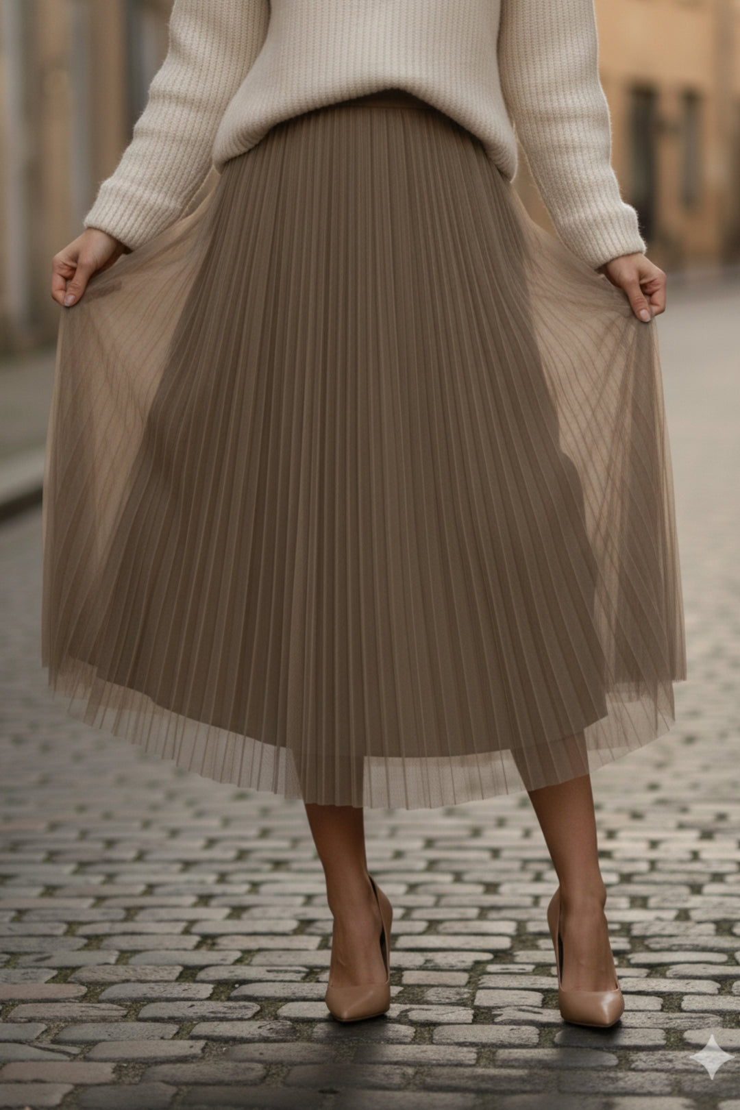 Beige Mesh Pleated Skirt