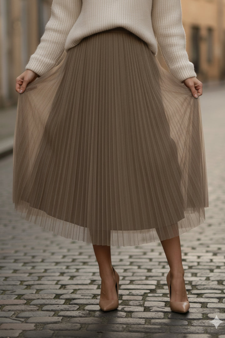 Beige Mesh Pleated Skirt