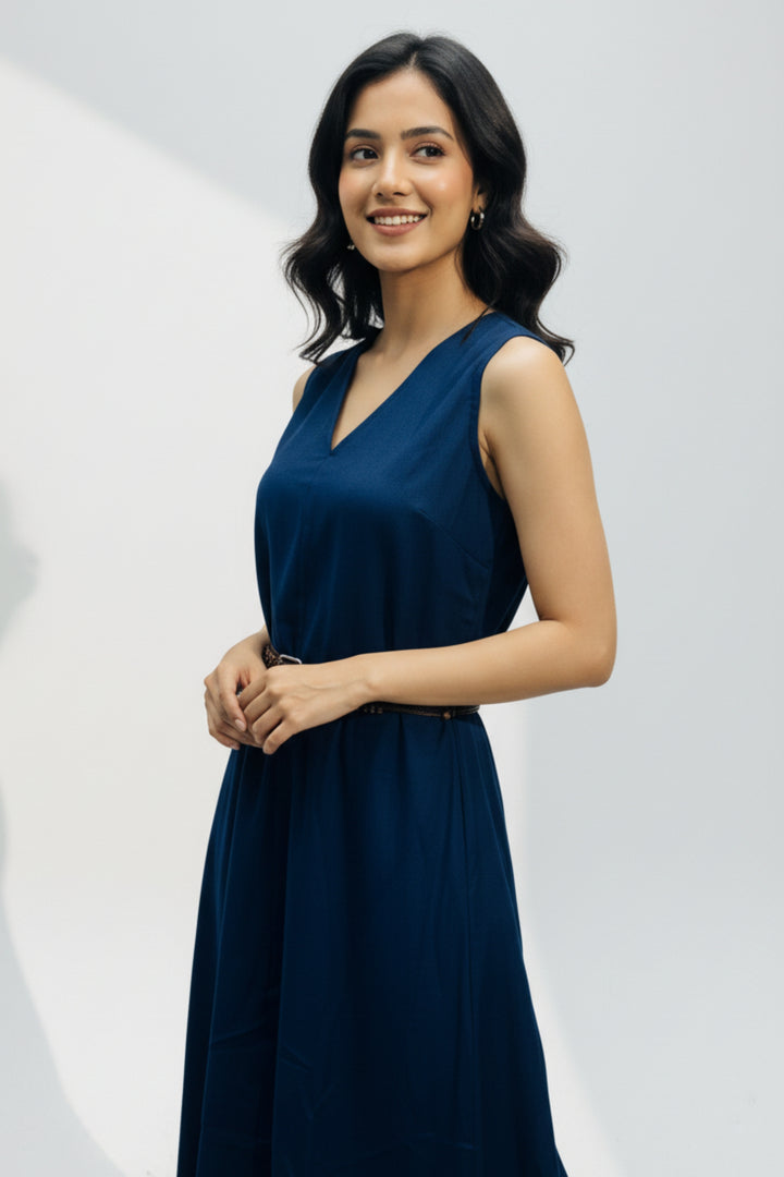 Sleeveless V-Neck Belted Maxi Dress