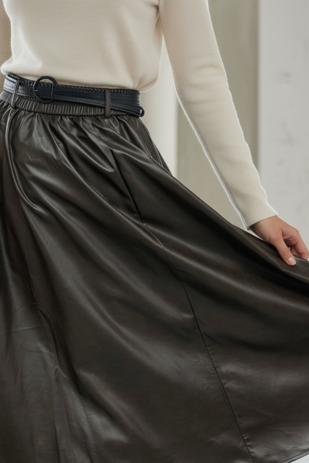 Espresso Belted Faux Leather Skirt