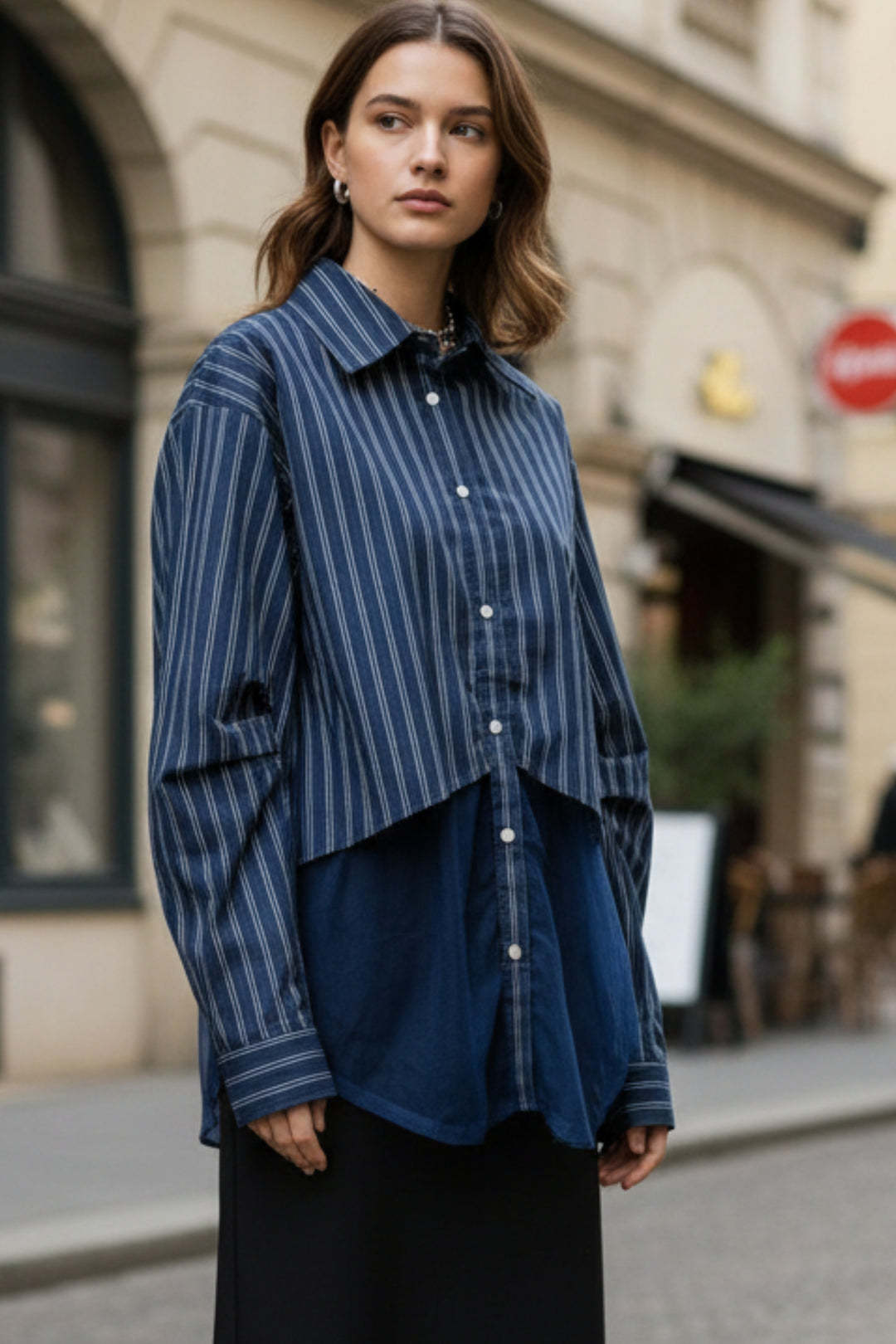 Midnight Blue Sheer Layered Stripe Shirt