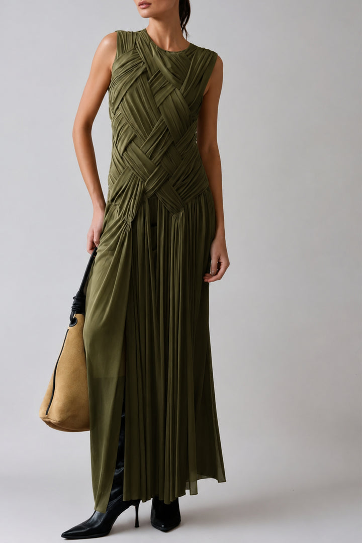 Olive Braided Slit Maxi Dress