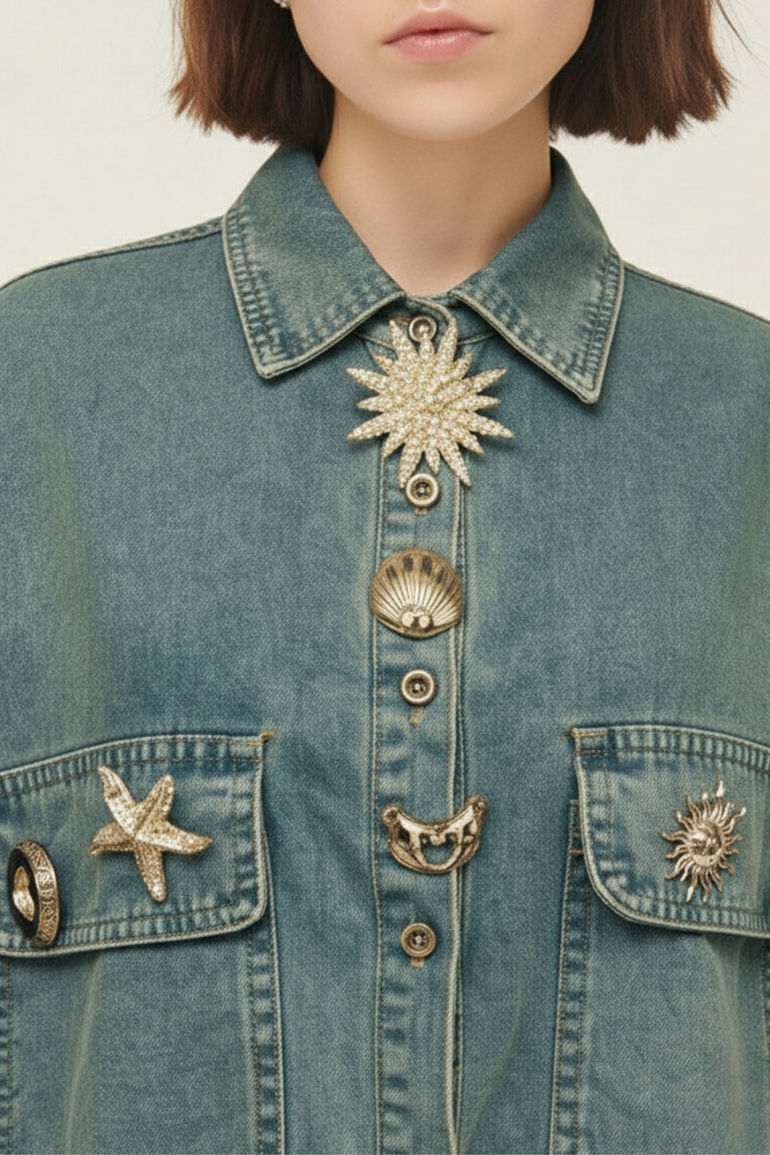 Sage Green Celestial Patch Denim Shirt