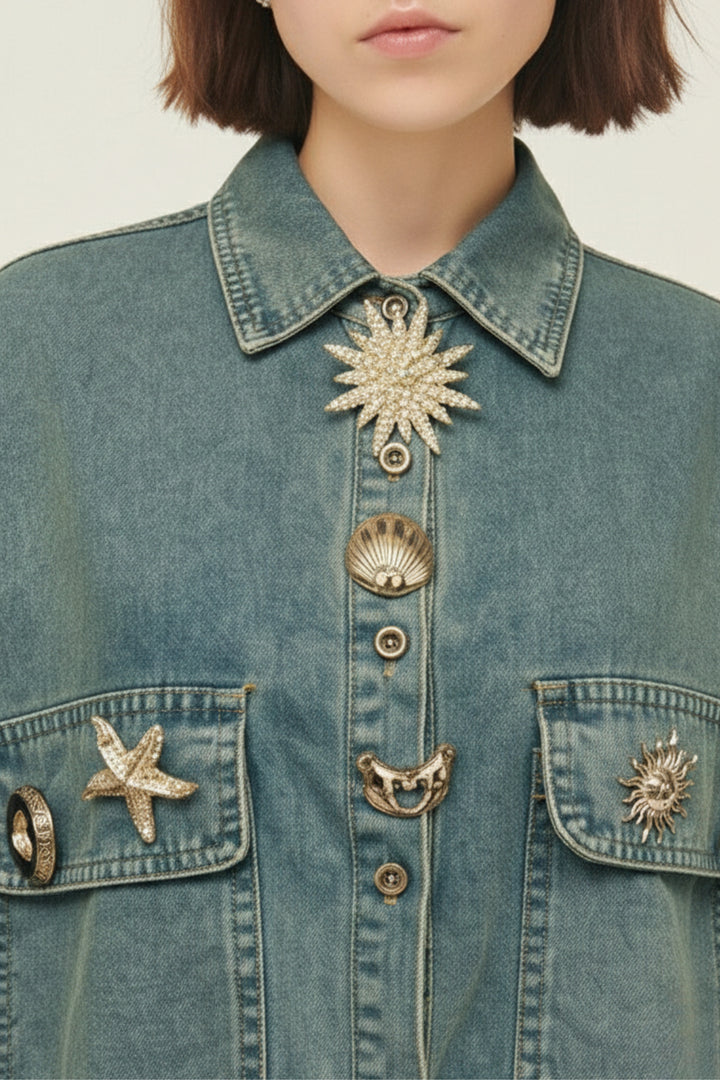 Sage Green Celestial Patch Denim Shirt