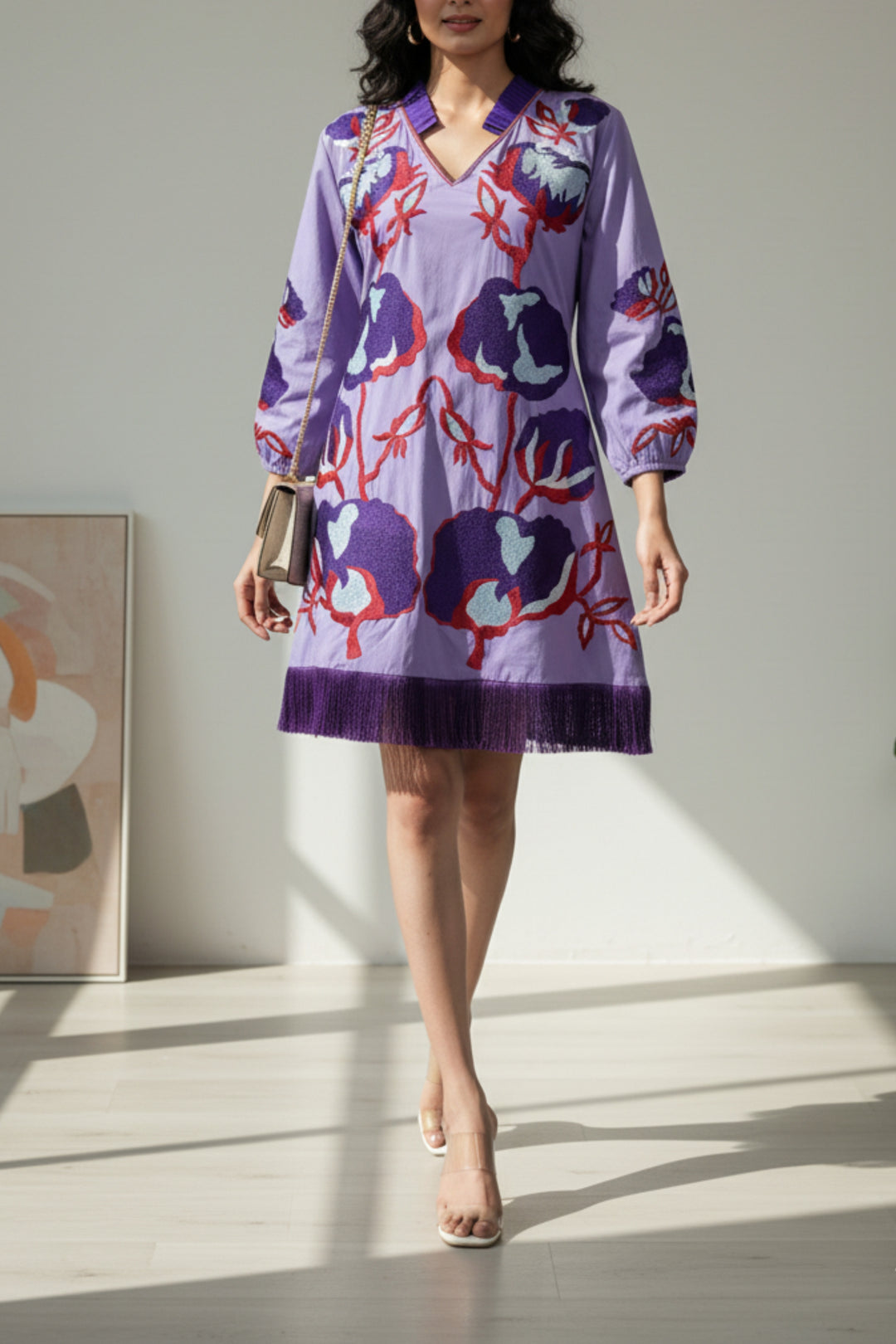 Purple Pleated Collar Embroidered Cotton Dress