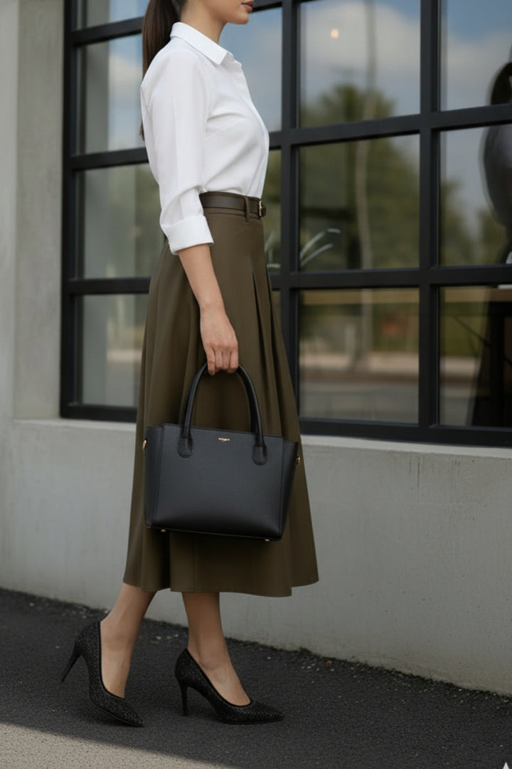 Elegance Box Pleated Faux Leather Skirt with Belt